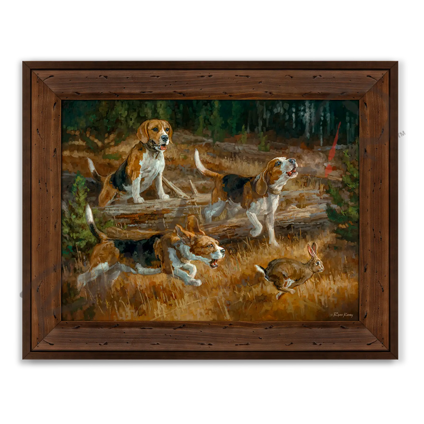 ’Belle of the Bawl’ Beagle Hunting Rabbit Canvas Art Print Reclaimed Chestnut Canvas Print