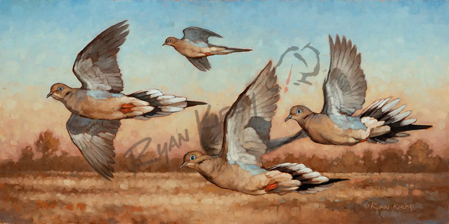 ’The Finger Four’ Original Oil Painting of Flying Mourning Doves - Original Oil Painting