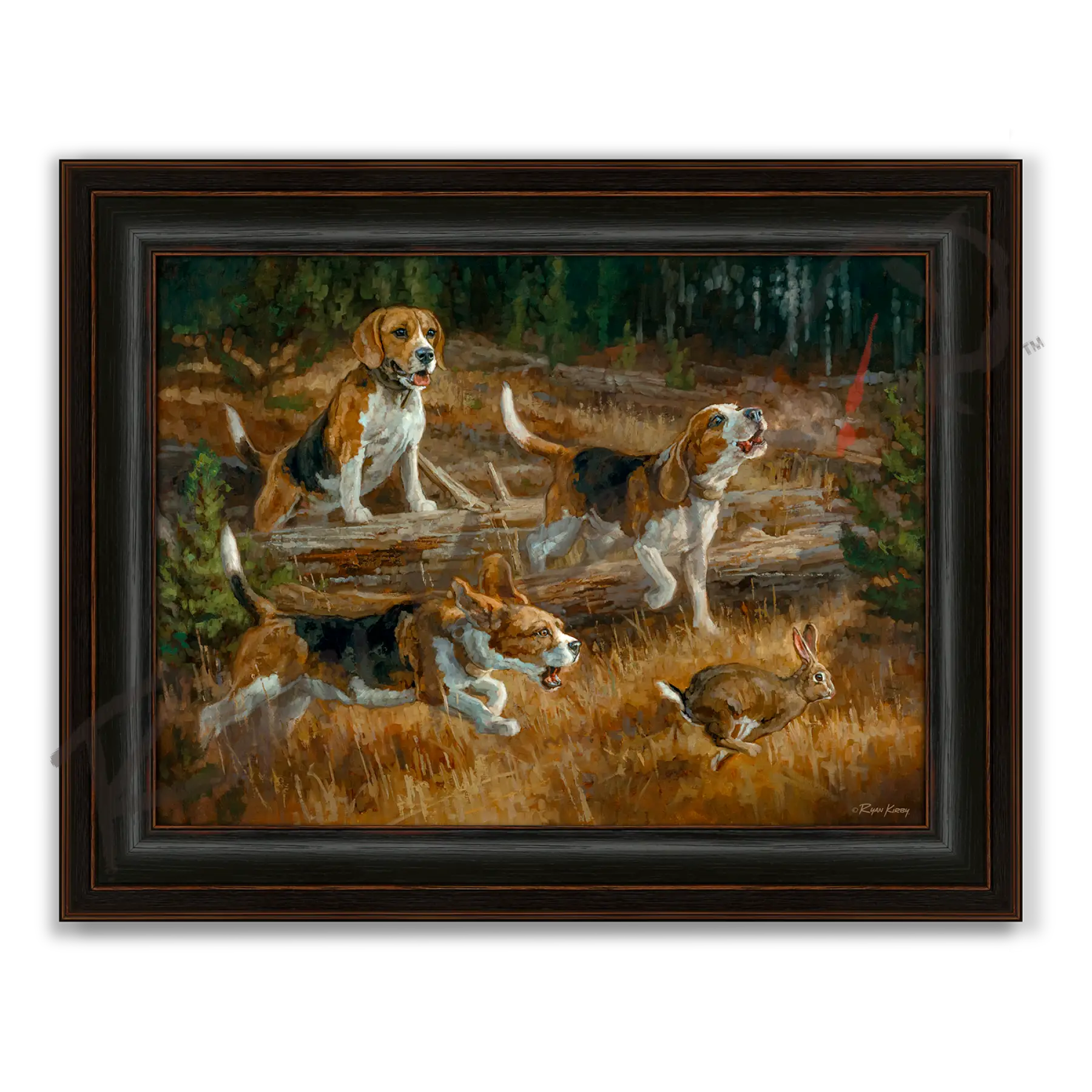 ’Belle of the Bawl’ Beagle Hunting Rabbit Canvas Art Print - Midnight Oak - Canvas Print