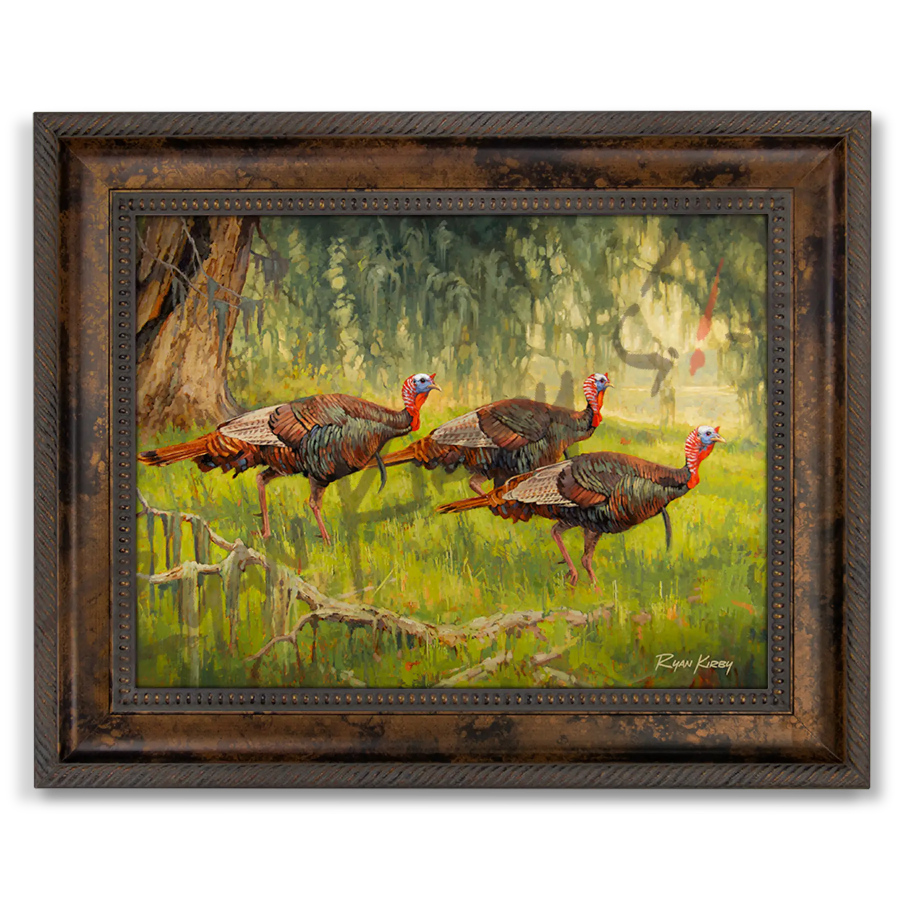 ’Bottomland Bachelors’ Wild Turkey Canvas Art Print With Signed Mossy Oak Stamp Classic Bronze