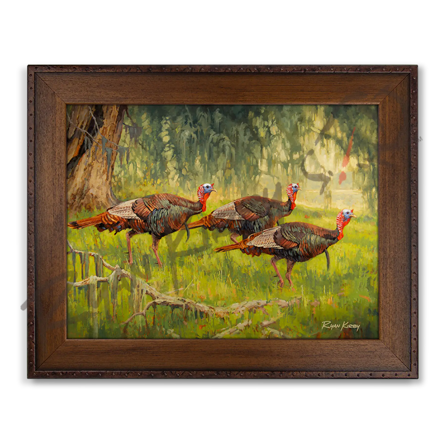 ’Bottomland Bachelors’ Wild Turkey Canvas Art Print With Signed Mossy Oak Stamp Copper Barrel