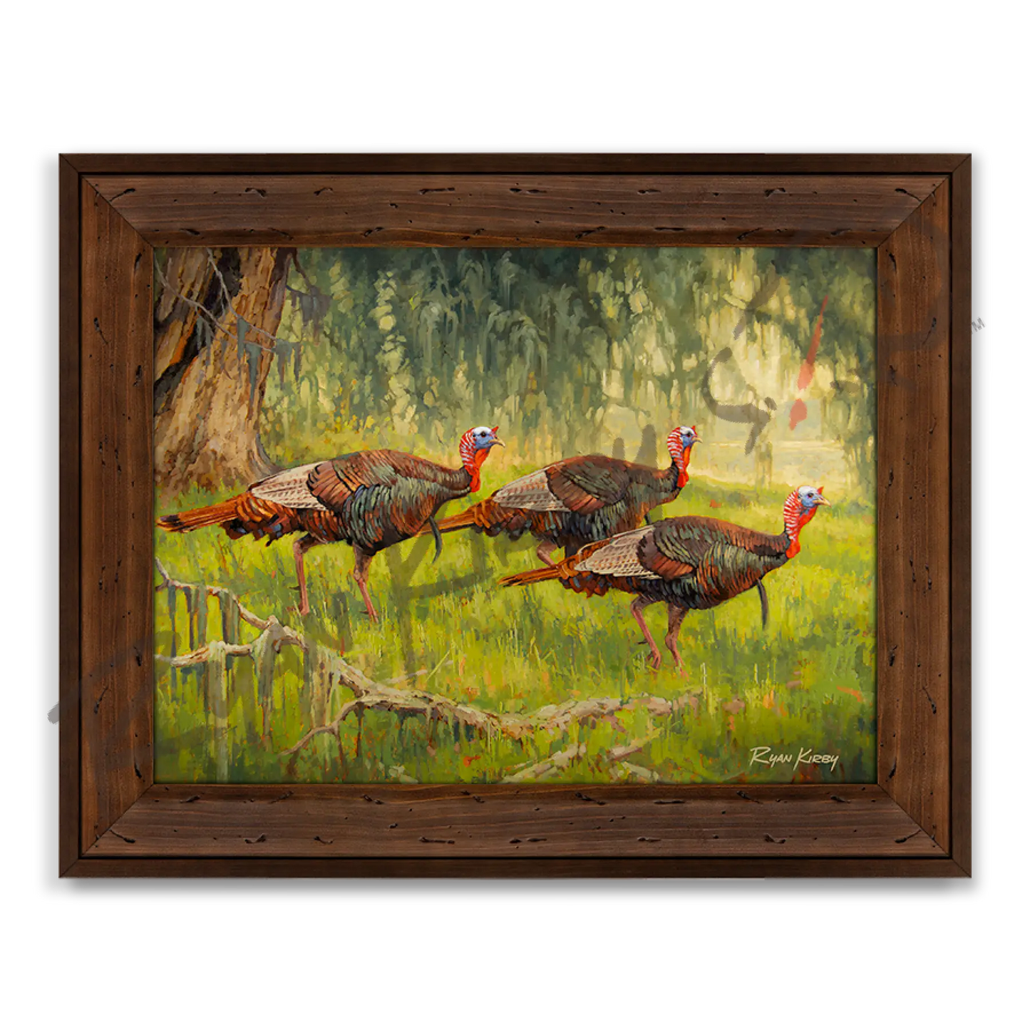 ’Bottomland Bachelors’ Wild Turkey Canvas Art Print With Signed Mossy Oak Stamp Reclaimed Chestnut