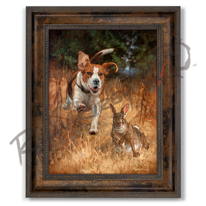 ’Fair Chase’ Beagle Hunting Rabbit Canvas Art Print Classic Bronze
