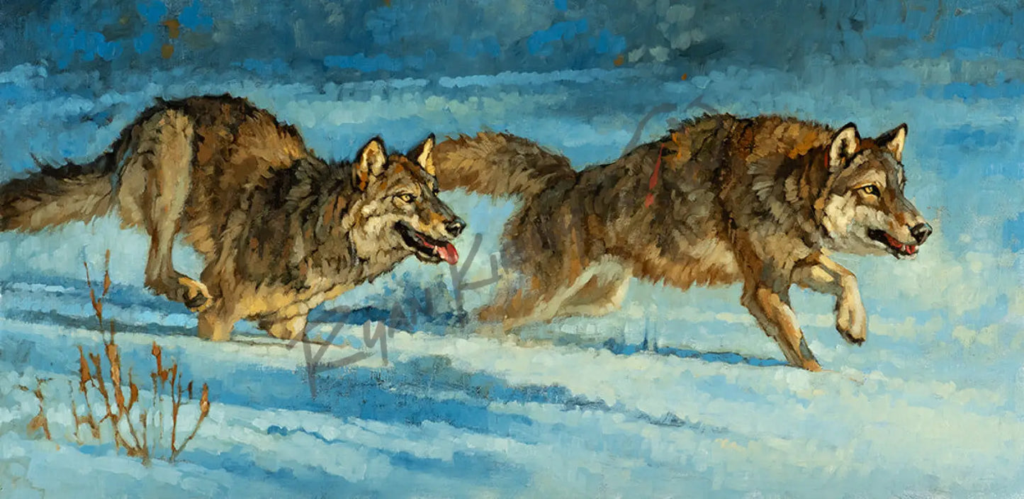 ’Leaders of the Pack’ Original Oil Painting of Wolves Running in Snow - Original Oil Painting