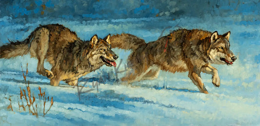 ’Leaders of the Pack’ Original Oil Painting of Wolves Running in Snow - Original Oil Painting