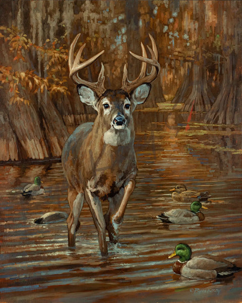 Nicely captured original oil painting hot of a time tradition of deer spotting.