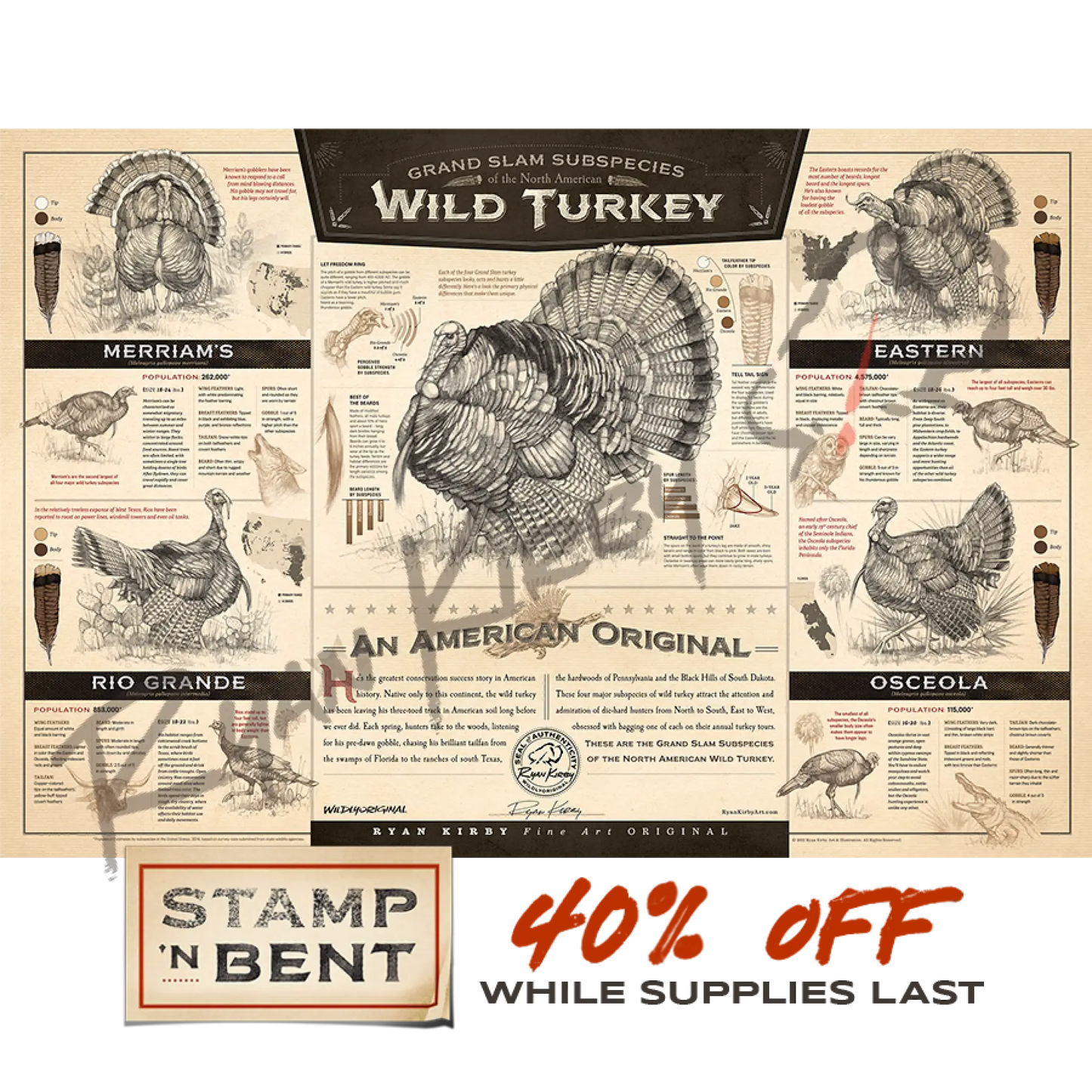 Stamp-N-Bent ’The Grand Slam Subspecies Of The North American Wild Turkey’ Paper Print Unframed