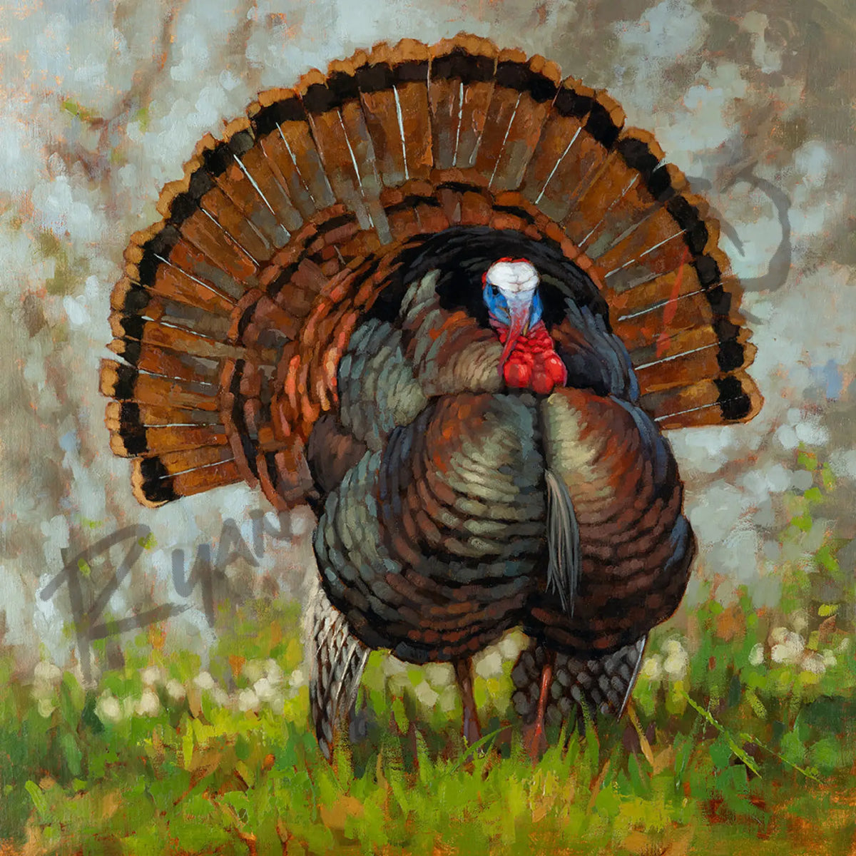 ’The Showman’ Original Oil Painting of Gobbling Wild Turkeys - Original Oil Painting