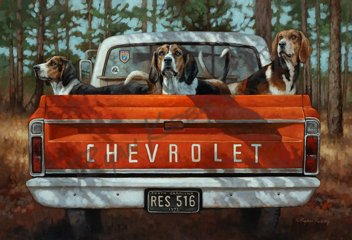 ’Three on the Tree’ Original Oil Painting of Walker Hounds in a Chevy - Original Oil Painting