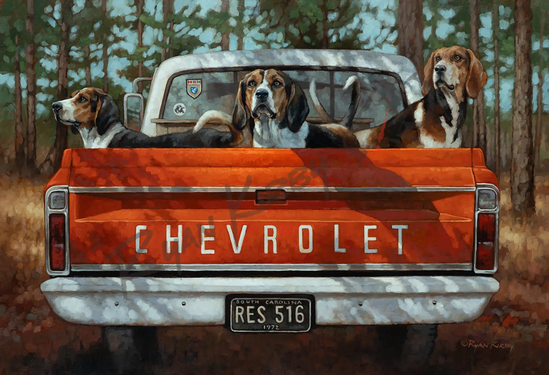 ’Three on the Tree’ Original Oil Painting of Walker Hounds in a Chevy - Original Oil Painting